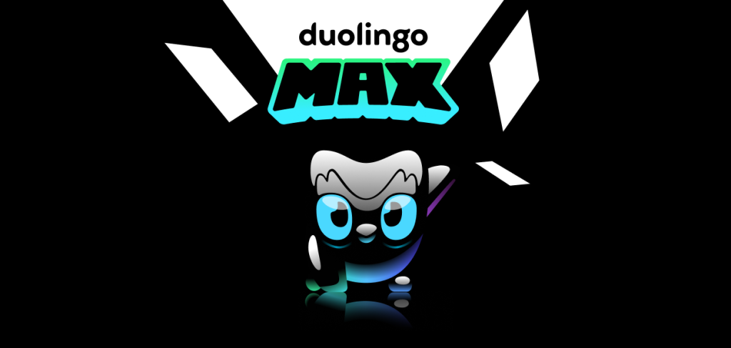 The Duolingo owl, this time in black with blue eyes, lands in a 'superhero pose' in the centre of a black screen with the words 'Duolingo Max' shattering in white behind him