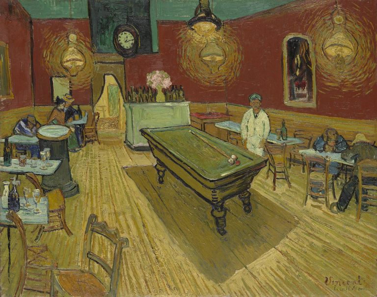 The Night Cafe by Vincent Van Gogh. A stylised, painted image with a billiards table in the middle of a brightly lit room, a man standing to the side of it. Small chairs and smaller tables dot the room, with a few patrons milling around, drinking. A clock above the entryway reads nearly quarter past midnight.