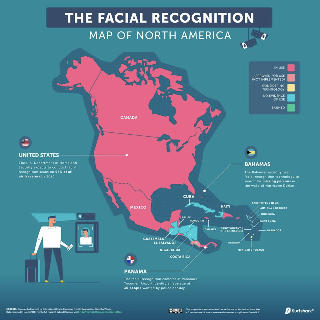Map shows North America with labels to each area offering information on what kind of facial recognition they use. 