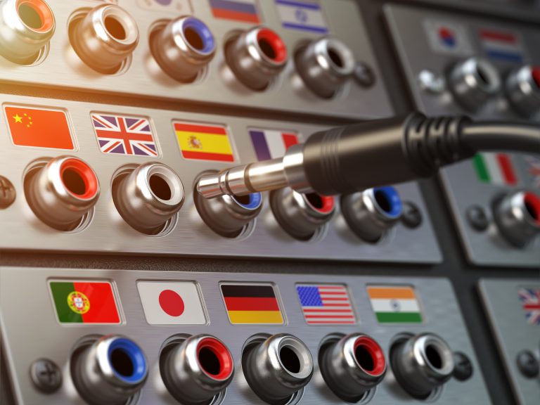 Select language. Learning, translate languages or audio guide concept. Audio input output control panel with flags and plug. 3d illustration