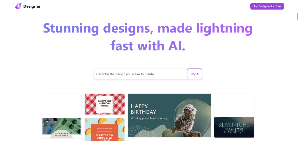 Microsoft Designer header that reads 'stunning designs, make lightning fast with AI.'