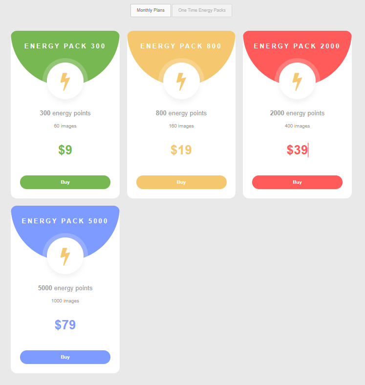 A screenshot of the four one off payment pricing which include Energy Pack 300 ($9), Energy Pack 800 ($19), Energy Pack 2000 ($39), and Energy Pack 5000 ($79).