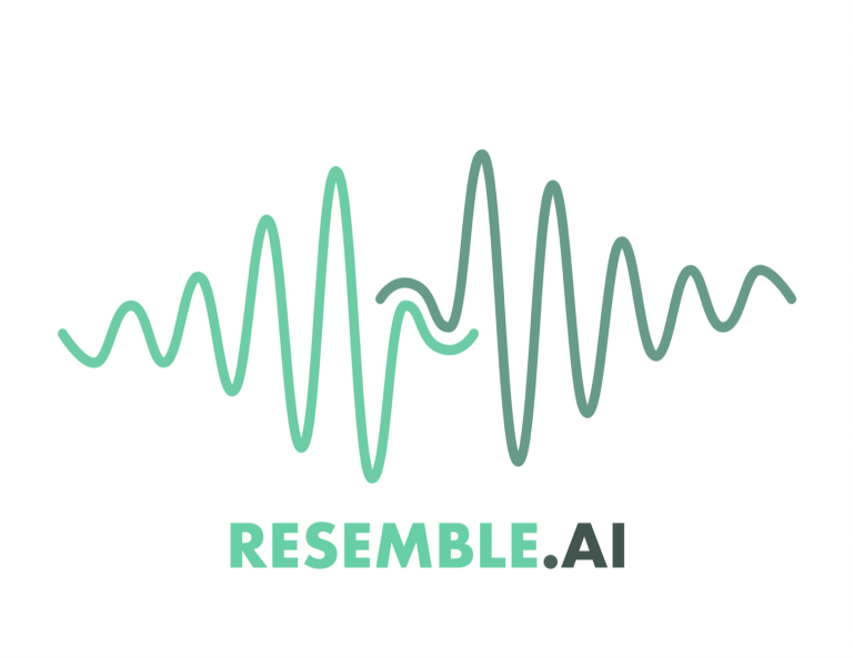 The Resemble.AI logo is green and black with a sound wave above the text.