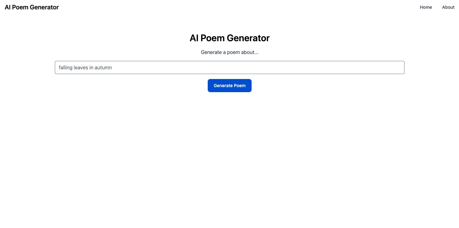 The homepage for AI Poem Generator, which simply features a text bar for typing in a description of the poem you want to generate.