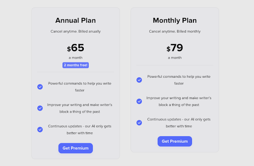 Plans and pricing for ShortlyAI, offering two options: an Annual Plan and Monthly Plan.